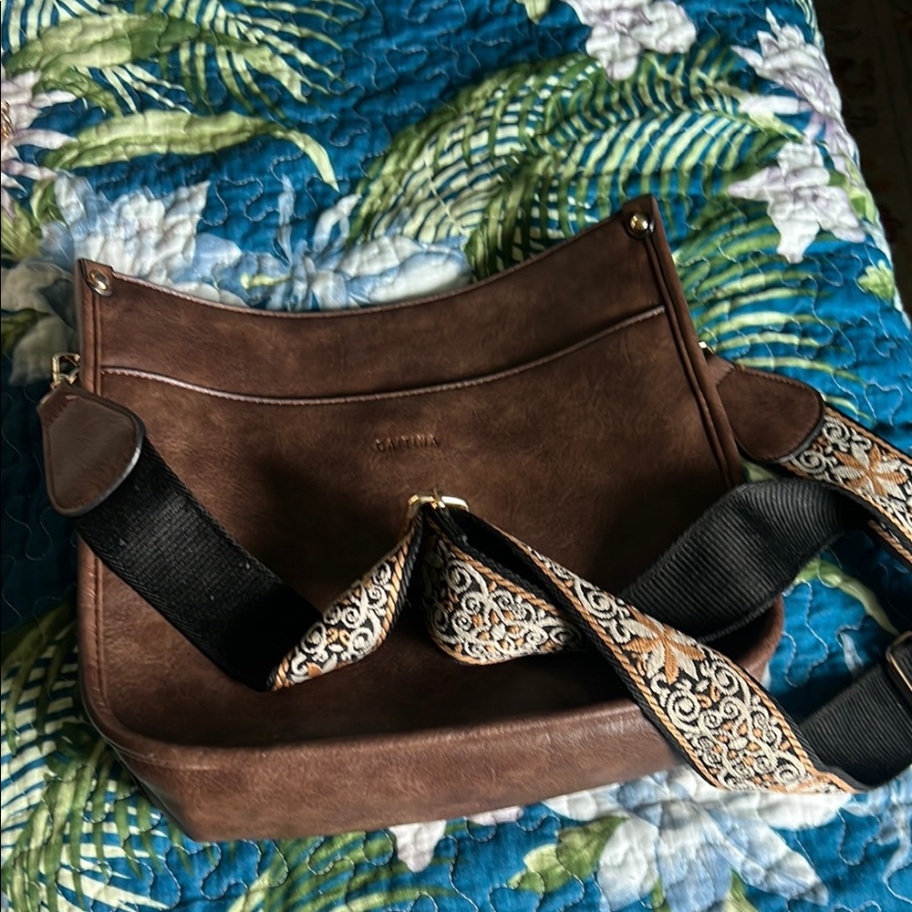 Brown Crossbody Bag with Patterned Strap